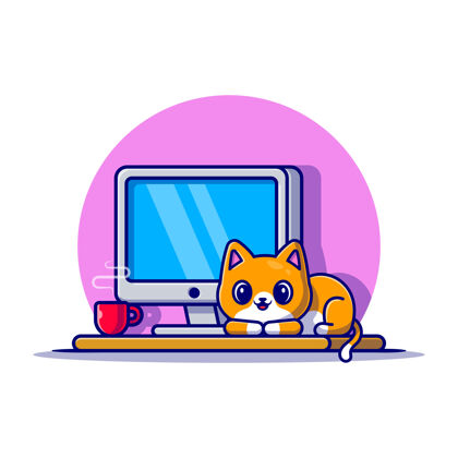 桌面可爱的猫和电脑卡通图标插图动物科技图标概念隔离平面卡通风格办公室品种吉祥物