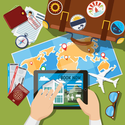 度假计划暑假或休闲旅行手提箱 地图和机票顶视图旅游说明旅行地图计划