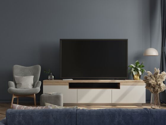 家具电视柜在现代的空房间与黑暗的墙壁三维渲染墙壁橱柜灯光