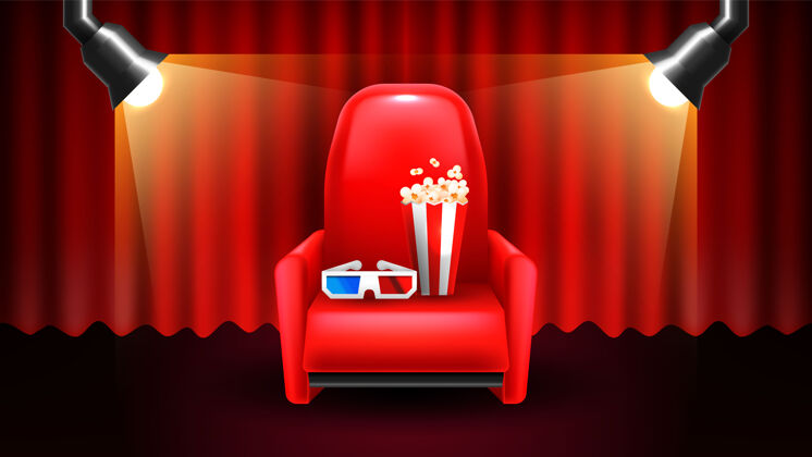 电影在家看电影窗帘和电影院的座位电视爆米花电影