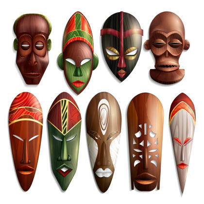 装饰品一套逼真的非洲木雕面具 五颜六色的装饰设置雕刻木材