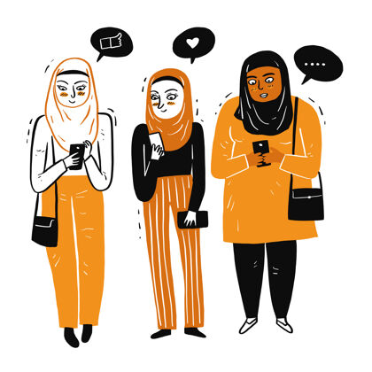 肖像妇女聚集在一起愉快地使用智能手机在一个光明的日子伊斯兰女权主义平等