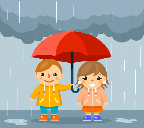 一起可爱的男孩和女孩带着雨伞站在雨中人男性自然
