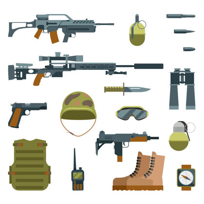 枪军用装甲和武器枪图标平面设置自动武器和护目镜 手榴弹头盔和狙击手武器插图护目镜徽章炸弹