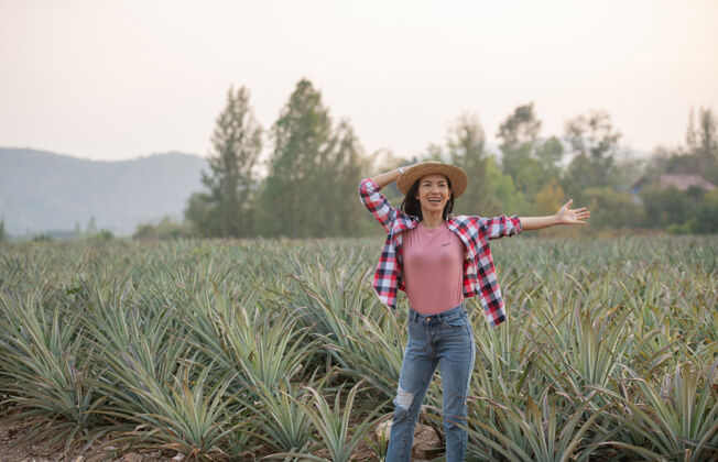 快乐亚洲女农场主在农场里看到菠萝的生长 年轻漂亮的农妇举起双臂站在农田上欢欣鼓舞的幸福商业阳光积极