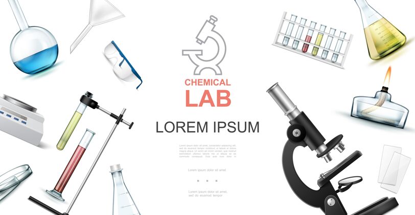 插图真实的化学实验室概念与显微镜试管烧瓶保护眼镜精神灯实验室显微镜现实
