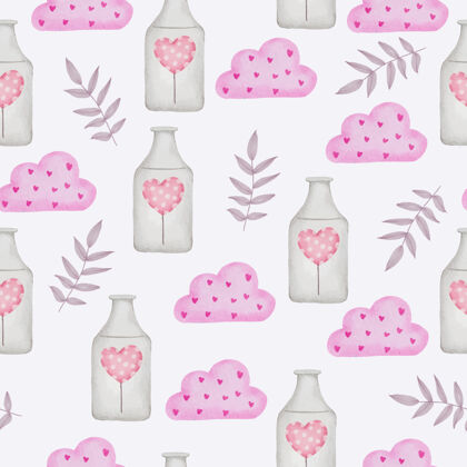 符号水彩无缝图案搭配爱情对象 孤立的水彩情人节概念元素可爱浪漫的红粉心形作装饰 插画瓶子树叶装饰品