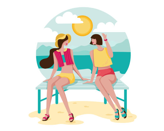 情侣卡通风格快乐的年轻女子坐在沙滩上闲聊快乐夏天插图