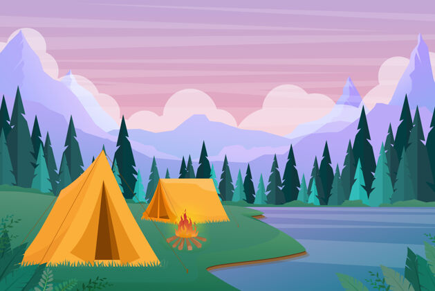 冒险卡通平面旅游营地与野餐地点和帐篷之间的森林 山区景观草山卡通