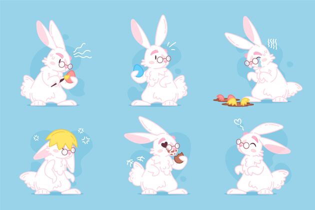 节日手绘复活节兔子系列复活节兔子插图设置
