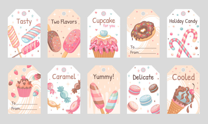 营销糖果标签集棒棒糖 甜甜圈 冰淇淋 杏仁饼插图问候语糕点样品