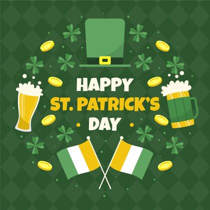 国旗手绘圣帕特里克节插画与旗帜和啤酒手绘爱尔兰3月17日