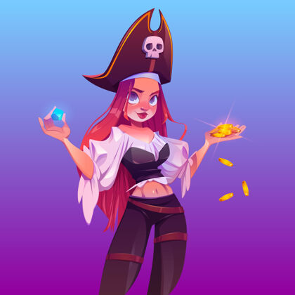 卡通带着宝藏的女海盗 红头发的女船长 戴着骷髅头标志的帽子角色海盗衬衫