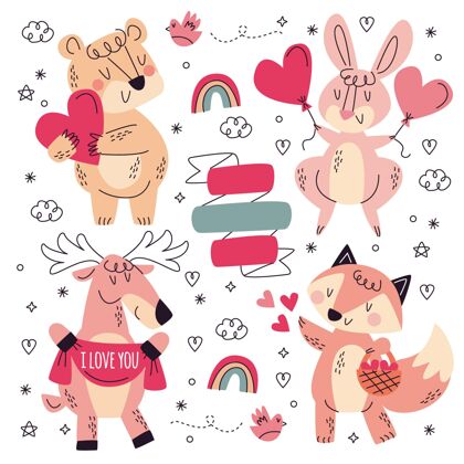 设置手绘爱情贴纸系列动物收集浪漫