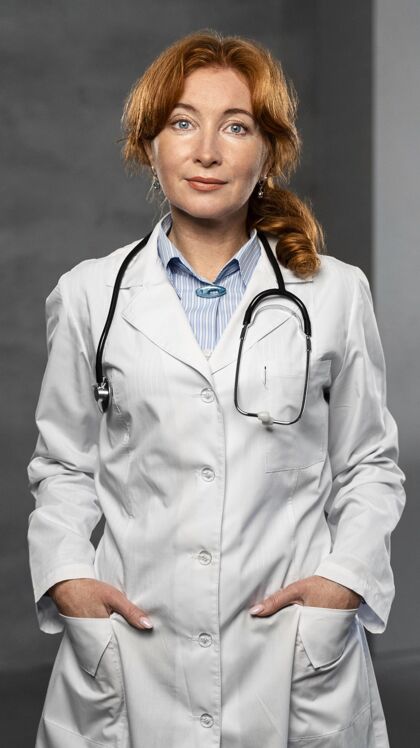 医生女医生手持听诊器 双手插在口袋里的前视图临床医生工作全科医生
