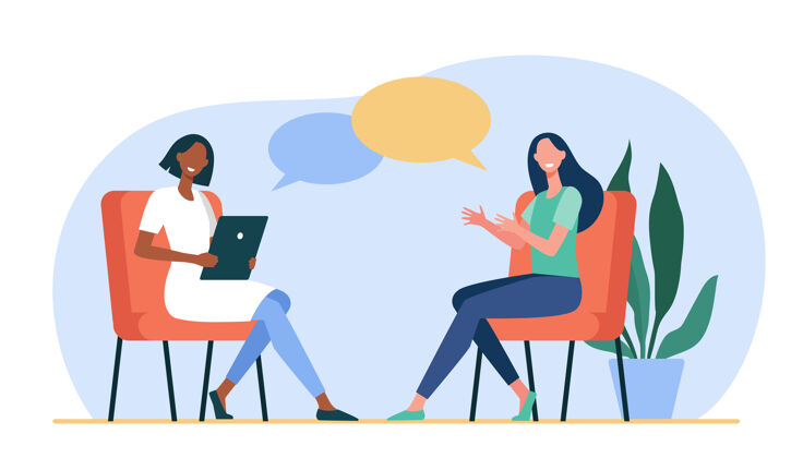 交谈快乐的女人坐在一起聊天对话 心理学家 平板电脑插图沟通同事合作