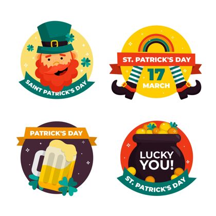 爱尔兰圣帕特里克节平面设计标签系列绿色三叶草幸运