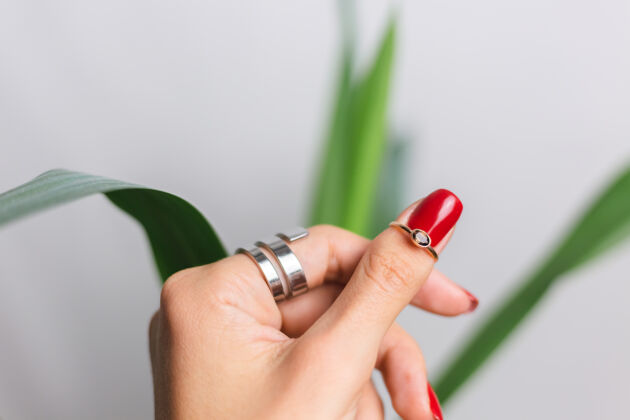 女士女人的手上有红色的指甲和两个指环 放在美丽的绿色棕榈叶上后面是灰色的墙美丽新鲜戒指