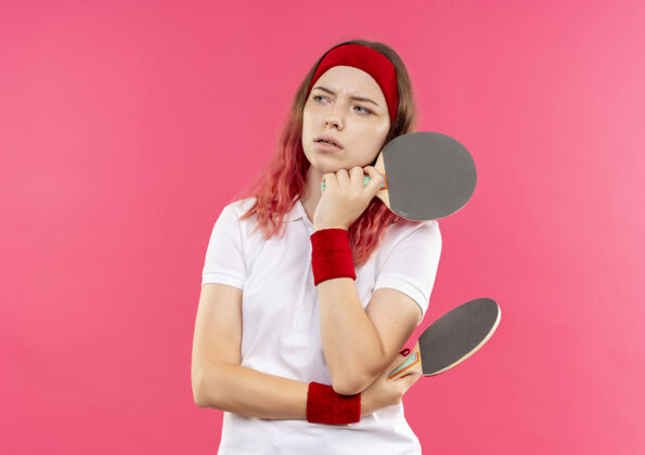 抱着戴着头巾 拿着球拍打乒乓球的年轻运动女郎 脸上带着沉思的表情 站在粉红色的墙上思考着年轻桌子看着