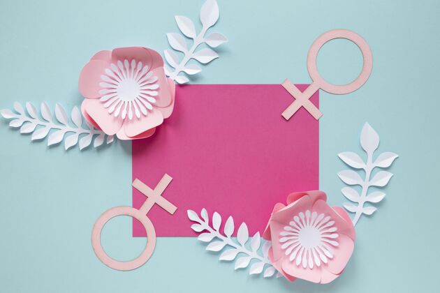 平等妇女节鲜花和女性标志卡片顶视图意识妇女节3月8日
