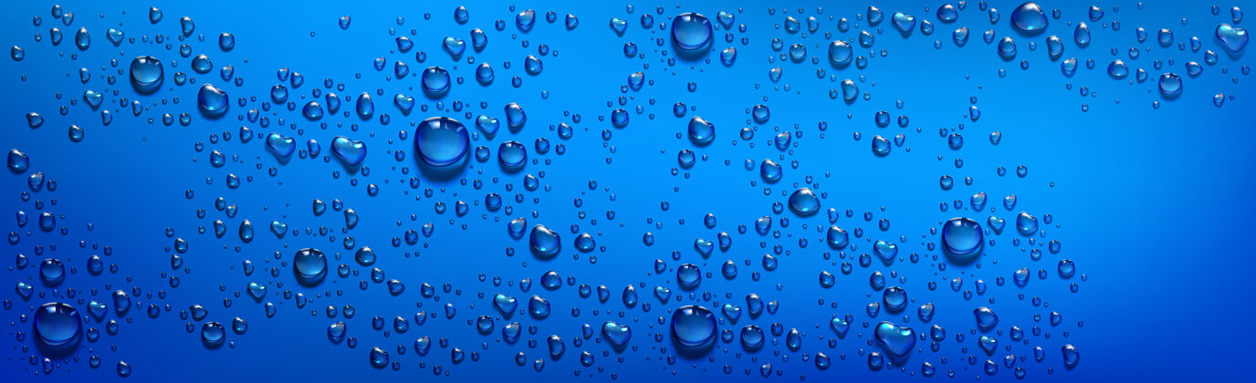 水蓝色背景 带透明水滴矢量逼真的湿蓝色表面 淋浴或雾中蒸汽凝结 透明的水滴从露水或雨水滴在窗户玻璃上撕裂表面清洁