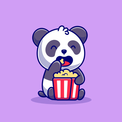 吃可爱的熊猫吃爆米花卡通图标插图动物食品图标概念隔离平面卡通风格卡通插图爆米花