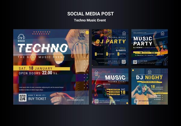 音乐Instagram为technomusic夜间派对发布了一系列帖子Instagram夜晚网络模板