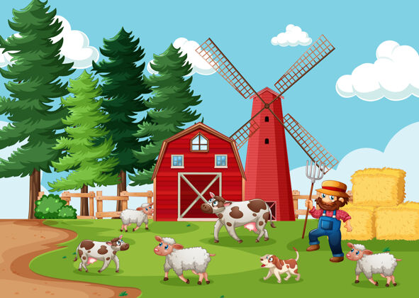 可爱在卡通风格的农场场景中 农民和动物农场天气主题田野
