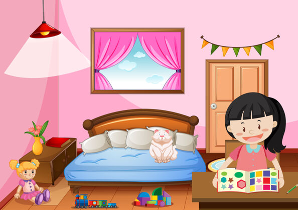 房间卧室的女孩在粉红色的主题与一个女孩女人多彩童年