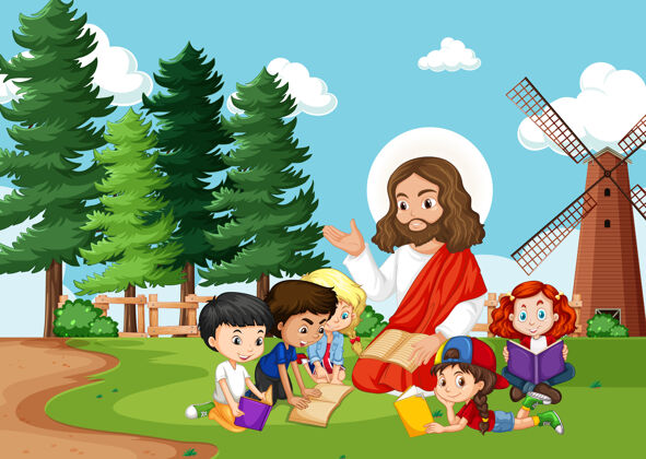 花园耶稣和孩子们在公园里耶稣男孩男孩