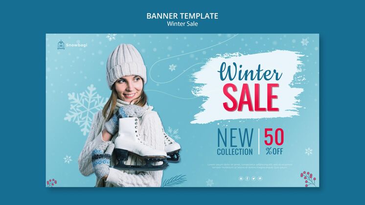 女士冬季销售的横幅模板与妇女和雪花清除冬季网页模板