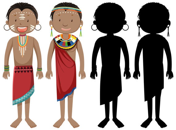 黑暗一组非洲部落人物的轮廓服装色彩孩子