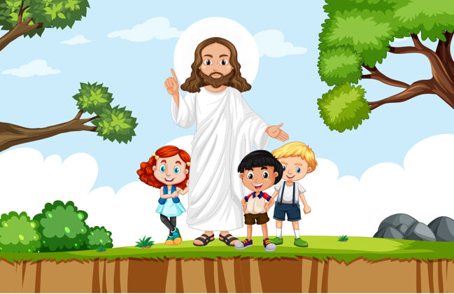 孩子耶稣和孩子们在公园里信仰奇妙文化
