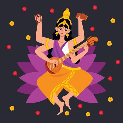 节日萨拉斯瓦蒂女神和彩色圆点印度教文化事件