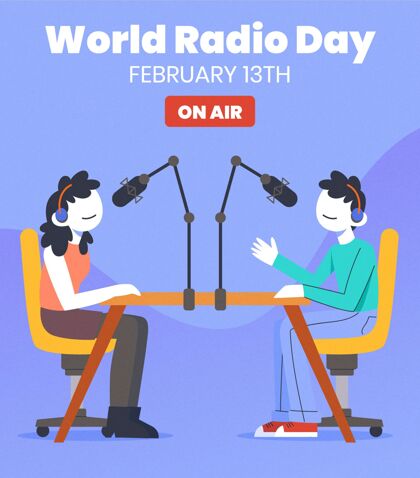声音平面手绘世界广播日背景与主持人收音机扬声器平面设计