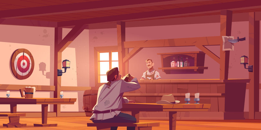 桌子在啤酒酒吧里的男人和咖啡师站在桌子 长凳和桌子上古董酒吧木桶