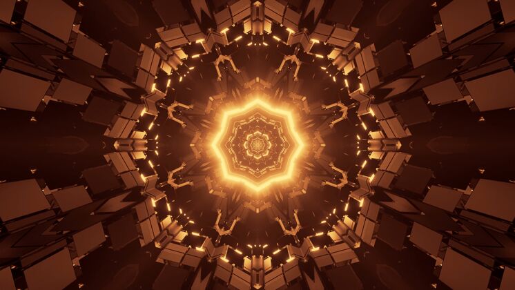 幻想未来科幻八角曼荼罗设计与棕色和金色灯光宗教生成魔术