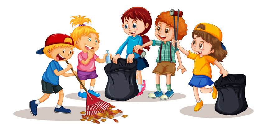 收集白色背景上的一群幼儿卡通人物孩子清洁垃圾