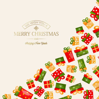 金色庆祝圣诞快乐和新年贺卡与金色的问候题词和彩色礼品盒上的灯题词正方形文字