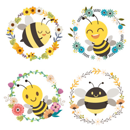 蜜蜂可愛的蜜蜂坐在花環的中心浪漫元素開花