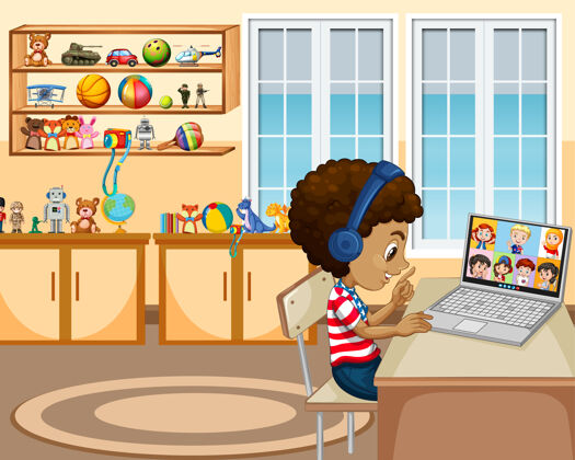 沟通一个男孩在客厅里和朋友交流视频会议场景谈话孩子男孩