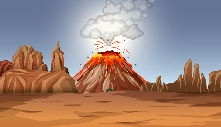 爆炸白天沙漠里的火山喷发景象石头熔岩喷发