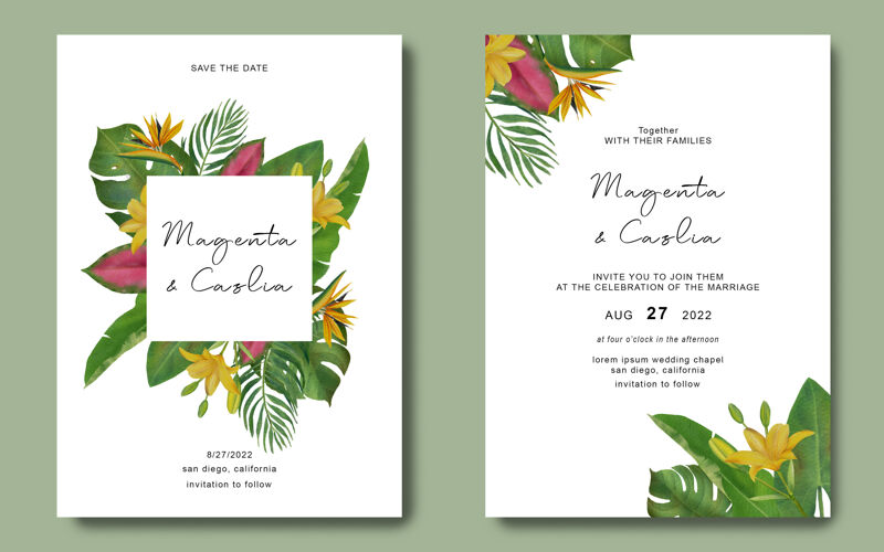 卡片热带叶子框架的婚礼请柬模板叶子现代模板