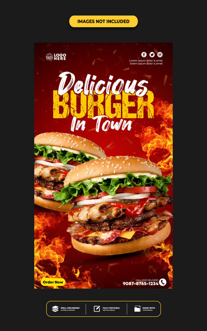 横幅社交媒体instagram后故事模板餐厅美食菜单促销传单汉堡