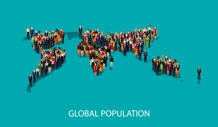 世界全球人口概念与人和世界地图人类人口团结