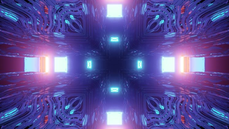 几何充满活力的科幻虚拟隧道三维插图与明亮的霓虹灯照明反射在玻璃表面与失真效果透视辉光3d渲染
