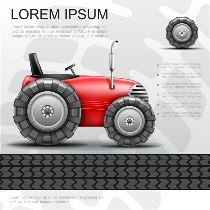 机械红色迷你拖拉机模板与灰色背景上的轮胎在现实风格的插图重型设备机器