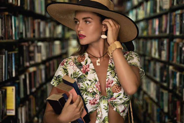 女孩穿着时髦服装的漂亮女孩在老式小书店里寻找有趣的书帽子街道肖像