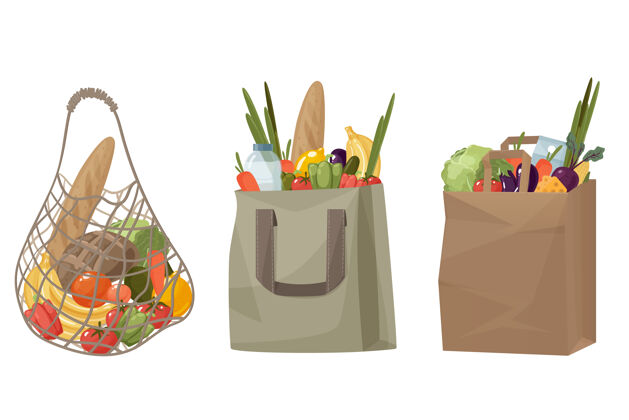 面包购物袋由网 纸和棉花与蔬菜和水果彩色杂货超市