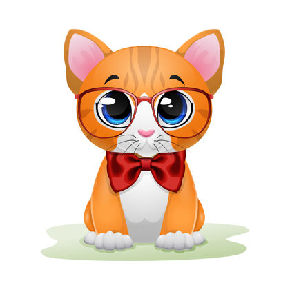 丝带可爱的小猫卡通戴着红眼镜和蝴蝶结人物动物卡通